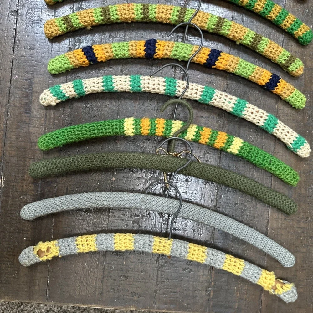 Lot 18 Vintage Crochet Covered Wooden Clothes Hangers Colorful Grannycore